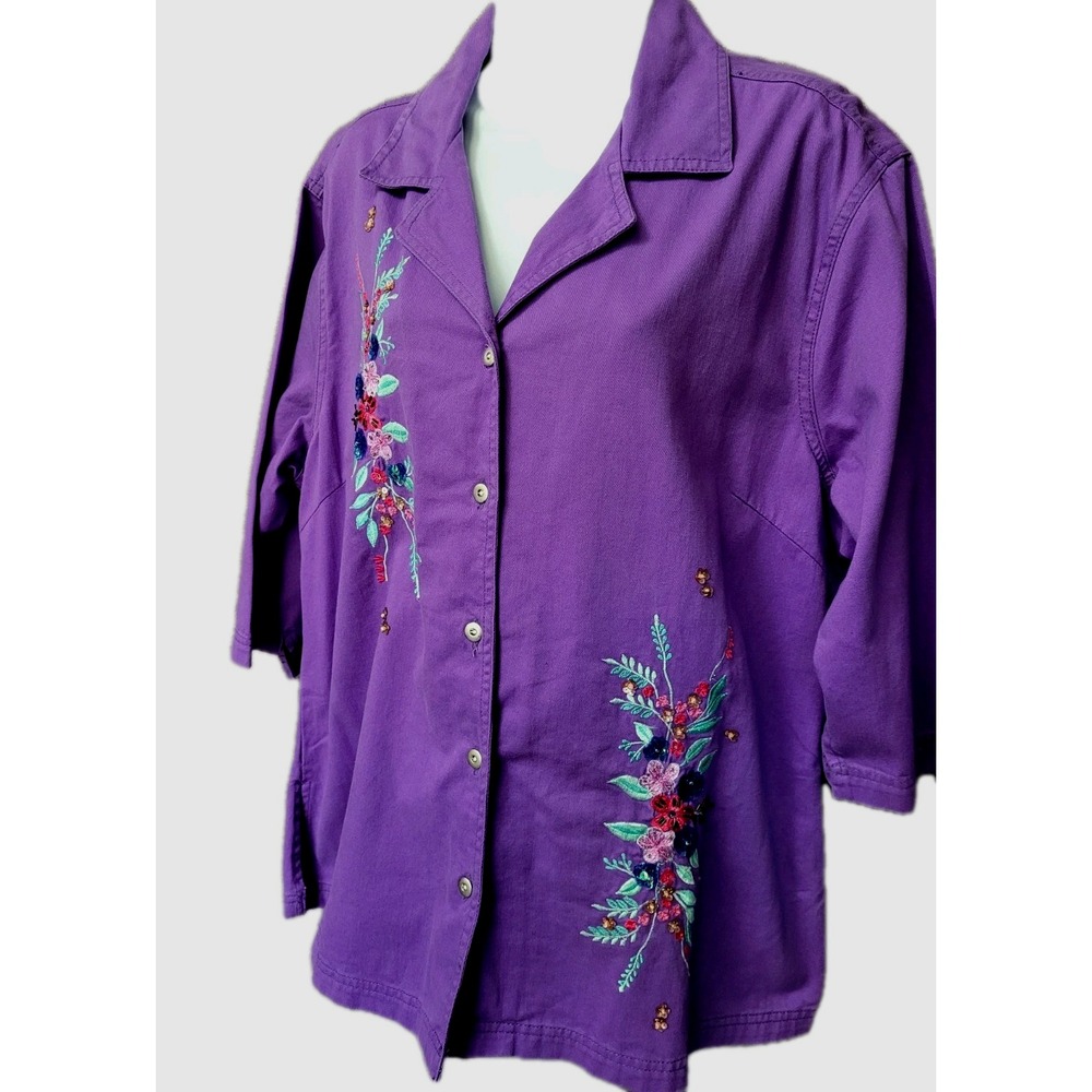 Vintage Studio West Women's Floral Embroidery Sequin Purple Denim Top Button 1X